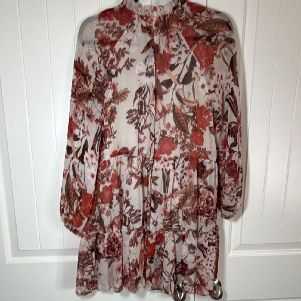 H&M Ivory Red Floral Chiffon Mini Dress 2 V-Neck Balloon Long Sleeve Lined - Picture 8 of 13